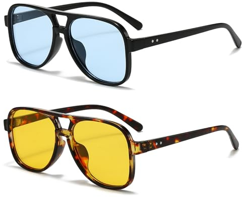 Long Keeper Gafas de Sol Piloto Mujer Hombre Gafas de Sol Retro Años 70 Doble Puentes Gafas Piloto Vintage Cuadradas 70s Estilo Protección UV400, 58mm (Negro/Azul + Leopardo/Amarillo)