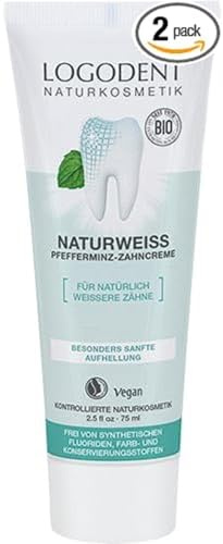 LOGODENT Naturkosmetik NATURWEIß Pfefferminz Zahncreme, Sanfte Aufhellung der Zähne, Schutz des Zahnschmelzes, Natürliches Weiß, Vegan, 2x75ml