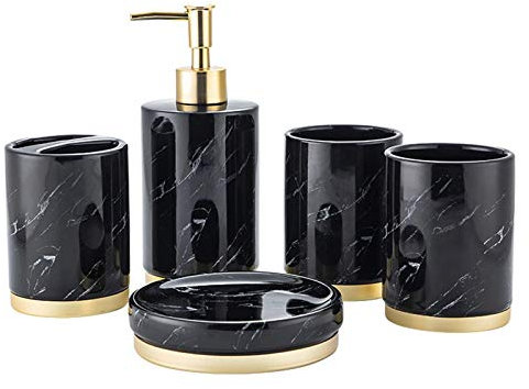Tauzveok 5-Stück Erstklassig Badezimmer Set Aus Keramik Mit Seifenspender Zahnputzbecher Seifenschale Zahnbürstenhalter Luxuriöses Badezimmer-Set Marmor Aussehen Gold-Sockel,Schwarz