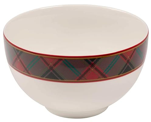 Spode Christmas Tree Tartan Rice Bowl - Soup for the Holidays, Christmas Kitchen for Dessert & Stews, Noodle/Rice, Festive Ceramic Cereal Bowl, Holiday Tableware - 6-Inch