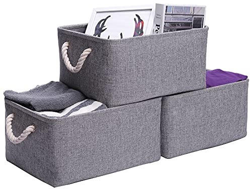 PWVMWM Storage Baskets Large, Fabric Grey Storage Box Set of 3, Wardrobe Fabric Storage Baskets with handles for Toys, Clothes, Towels (41x31x21cm)