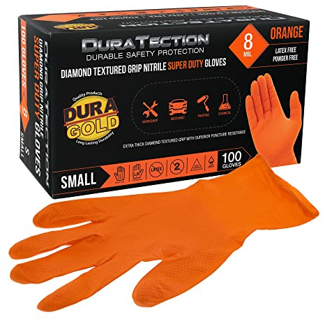 Dura-Gold Duratection 8 Mil Orange Super Duty Diamond Textured Nitrile Disposable Gloves, Box of 100, Medium - Latex Free, Powder Free, Food Safe, Safety Protection Work Gloves, Mechanical, Industrial