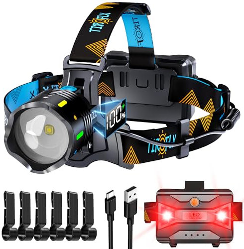 TIROFLX Lampe frontale 11 modes 4000 avec détecteur de mouvement rouge d'avertissement zoomable d'économie d'énergie, batterie de 90 heures, lampe frontale en veille, IP65 étanche et réglable à 125°