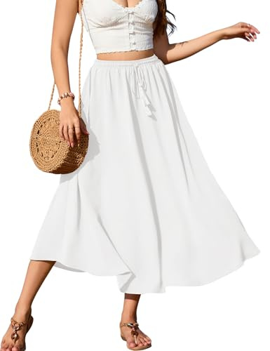 Zeagoo Jupe Blanche Femme Midi Été Bohême Taille Haute Jupe Maxi Élégante Jupe A-Ligne Jupe en Tulle avec Cordon Jupe Casual Jupe d'Été Blanche Printemps M
