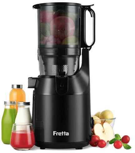 Cold Press Juicer, Fretta Slow Masticating Machines with 135mm&1.8L Chute, Fit Whole Fruits & Vegetables, Easy Clean,Self Feeding Juicer with High Juice Yield, BPA Free Tritan 250W (Black)