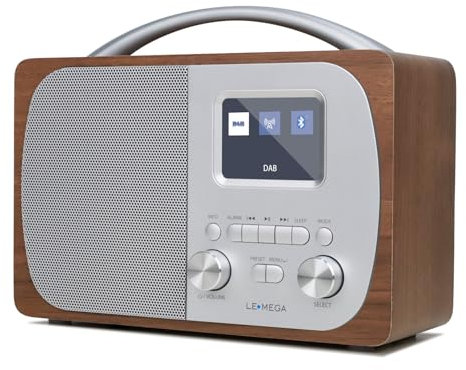 LEMEGA DR5 Radio Numérique Dab/Dab+,Réveil Bluetooth avec Radio FM,Fonctionne sur Secteur ou Piles – Radio Compacte pour Cuisine ou Chambre avec Présélections,Boîtier en Bois et Finition Métal Brossé