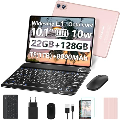 fezawio F10 Tablet 10 Pollici, Tablet Android 14, 22 GB RAM+128 GB ROM |1TB TF |8000mAh |5G Wi-Fi |Octa-Core |Widevine L1 |2.0Ghz Tablet PC Con Tastiera Mouse Fondina, Migliore Regalo-Oro