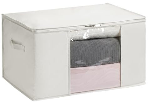 TYEERS Aufbewahrungstasche aus Baumwollmischgewebe mit Reißverschluss und Klarsichtfenster für Saisonale Kleidung und Bettwäsche, 60x40x35 cm, 1er-Pack, Beige