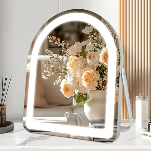 Arched Vanity Mirror with Lights, 30x25cm, 3 Color Light, Touch Switch Adjustable Brightness, 360° Rotation Dressing Table Mirror