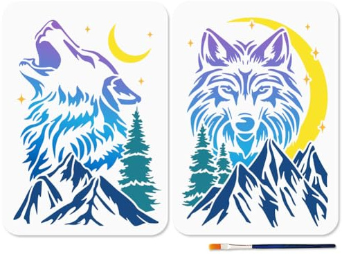 MAYJOYDIY 2Pcs Wolf Landscape Stencils: Howling Wolf Moon Tree Templates, 11.7x8.3inch, Reusable Animal Stencils with Paint Brush for Wood Wall Window DIY Craft Home Decor