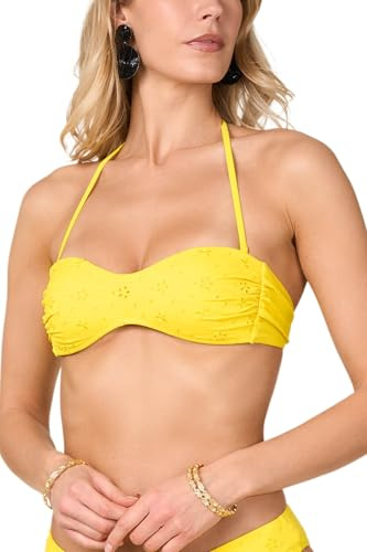 Goldenpoint Donna Costume da Bagno Sangallo - Parte Alta del Bikini - Fascia con Imbottitura Removibile in Pizzo Sangallo Tinta Unita Taglia 3B Colore Giallo