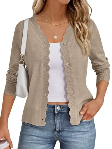 LILLUSORY Womens Cardigan Sweaters Long Sleeve Casual Lightweight Button Down V-Neck Fall Clothes 2026 Khaki L