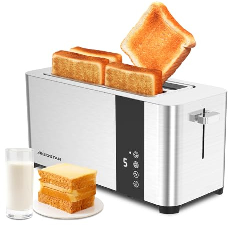 Aigostar 4 Slice Toaster Long Slot, Stainless Steel Toaster Extra Wide Slots, Digital Touch Control with LCD Display, 7 Browning Levels, Cancel Defrost Reheat Functions, 1400 Watts, Vigour 30O4F