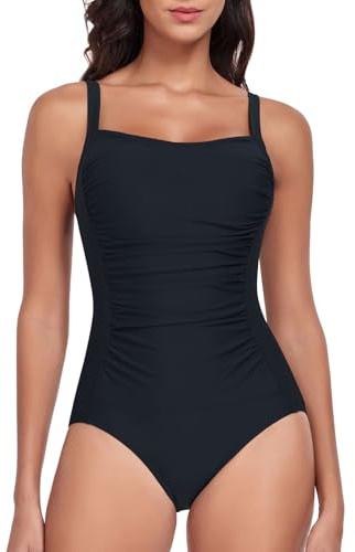 Deriwone One Piece Swimsuit Ruched Tummy Control Swimming Costume Adjustable Slimming Swimwear Bathing Suits M,Black