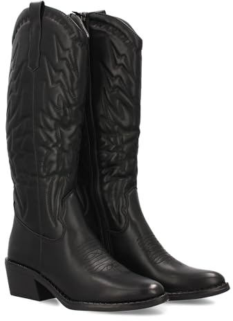 shoes&blues.es Bota Mujer Cana Alta con Adornos bordadoes Estilo Cowboy. Tacon bajo y Comodo. Ideal Temporada Otono Invierno.