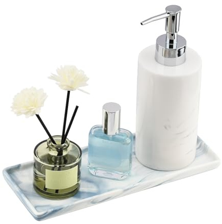 YoHyien Keramik Badezimmer Tablett, Deko Tablett Länglich, Badezimmertablett Rechteckig, Ablageschale Bad für Waschbecken, Bathroom Tray, Schmuckablage für Seifenspender, Kerzen, Kosmetik (Blau)