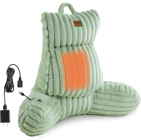 Amélie Home Heated Faux Fur Reading Pillow 3 Temperature Backrest for Sitting in Bed Support Cushion, USB-Powered(No Power Bank Included) Warming (113°F-131°F), 3H Auto Shutoff, Sage Green, 22 Inches