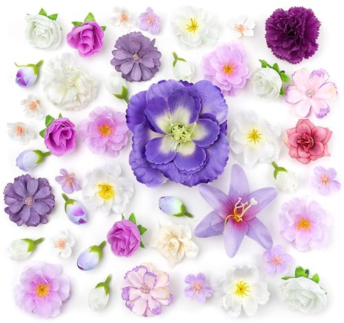MELLIEX 44 Pezzi Fiori Finti Artificiali, 16 Tipi Piccole Fiorellini Finti per Decorazioni Artificiali da 1,7 a 9 cm per Artigianato DIY Matrimoni (Viola Bianco)
