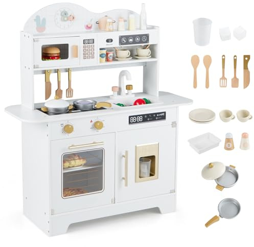 COSTWAY Cuisine Enfant en Bois avec Machine à Glaçons, 17 Accessoires, Jeu de Cuisine avec Cafetière et Évier, Four, Micro-Ondes, Étagères et Armoire, Jeu d'Imitation pour 3 Ans+ (Blanc)