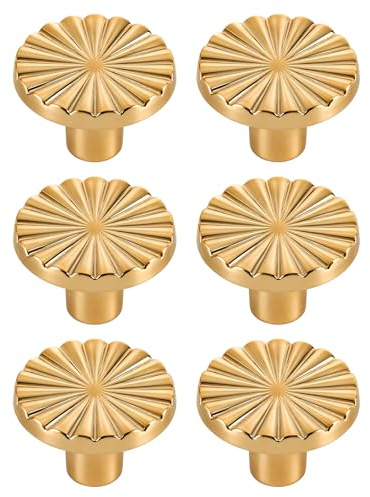 QhgPnt 6PCS Gold Cabinet Knobs, Brass Kitchen Solid Round Dresser Gold Door Knobs Handles for Dresser, Cupboard, Wardrobe, Kitchen Cabinets and Furniture