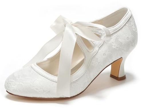 Emily Bridal Wedding Shoes Women's Lace Spool Heel Closed Toe Pumps (EU39/UK6, Ivory)