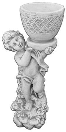 gartendekoparadies.de Junge mit Blumentopf Pflanzgefäß aus Steinguss, H. 66 cm, 2 Liter, 23 kg, Grau, frostsicher für Außenbereich