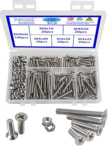 Rshuhx 200PCS M4 Tornillo y Tuerca Acero Inoxidable 304 Tornillo Avellanado Cruzar Tornillo Mecanico de Cabeza Plana Utilizado en Maquinaria y Autopartes Cabeceros de Cuna para Bebé Sillas Muebles