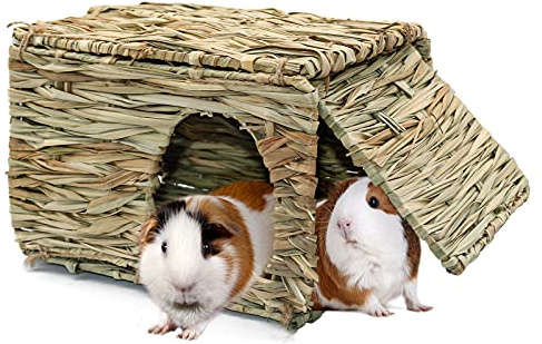 BWOGUE Large Grass House for Guinea Pigs,Hand Woven Straw Hut Foldable Small Animal Play Hideaway Bed with Double Openings Playhouse for Bunny Guinea Pig Chinchilla Ferret