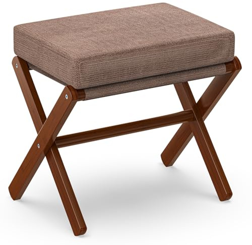 BAMBOOHOMIE Makeup Eitelkeit Hocker, Faltbarer Fußhocker mit Bambus X Beinen, Ottoman Fußstütze Stuhl für Vanity, Moderne Fußhocker klein gepolstert für Wohnzimmer (Braun - Braun)