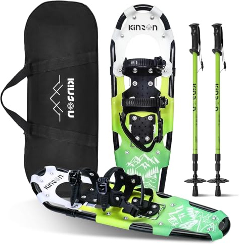 KinZon Raquettes à Neige 3 en 1, légères et Solides, avec bâtons de Trekking et Sac de Transport, Dispositif de rehaussement du talonm Parfait pour la randonnée (Vert, 63.5cm (pour 54-86kg))