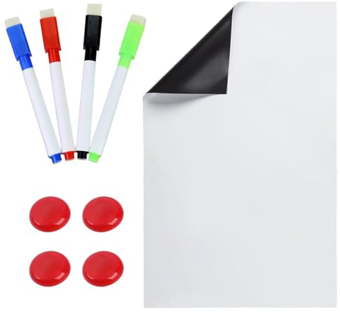 A5 Magnetic Whiteboard for Fridge, Small White Boards with 4 Marker Pen & 4 Magnet Self Adhesive Dry Erase Lapboard Mini Planning Board for Refrigerator Kids Students Teacher Classroom Home Office