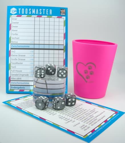 KENDi GAMES Gobelets à dés en plastique souple - Rose - Amour des pattes - 6 dés - Guide rapide (français non garanti)