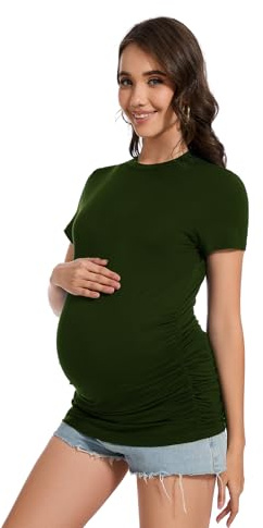 Smallshow Ropa de maternidad para mujer, cuello redondo, manga corta, camisetas para embarazo, Ejercito Verde, M