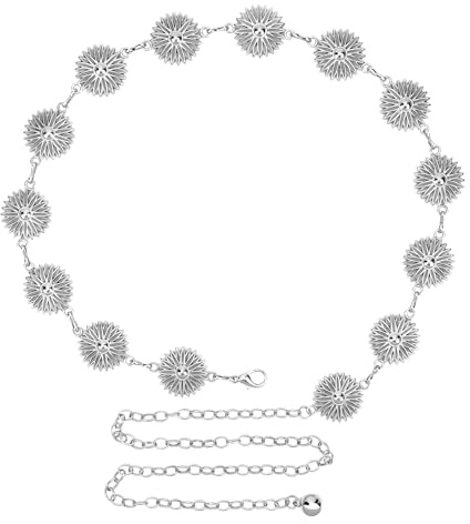 Kedjebälte i plus storlek för kvinnor, metallkedjearmage midjekedjor, extra lång kroppskedja (tusensköna), SILVER, XXL