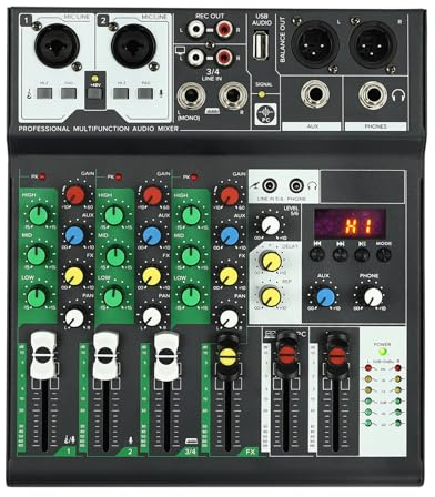 Ljudmixer professionell, 4-kanals DJ-mixer stereoljudsblandare med MP3-ingång, USB-enhet, Bluetooth-ingång, bärbar miniljudmixer för hem, konferenser, barer