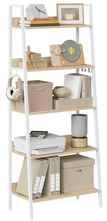 WOLTU Bücherregal, Leiterregal mit 5 Ebenen, Standregal, Industrie Stil Regal mit Haken, Metallrahmen, für Wohnzimmer Arbeitszimmer Küche, Helle Eiche+Weiß, 64x171x36 cm