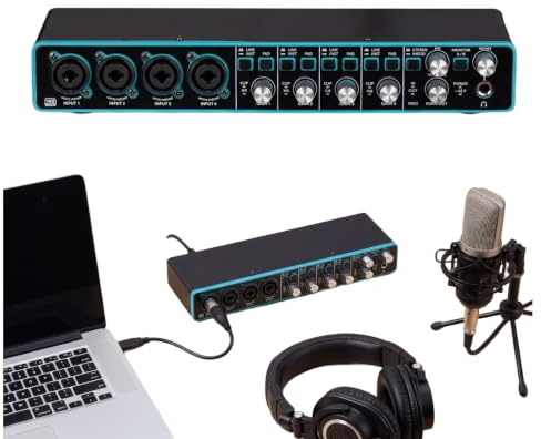 USB Audio Interface, 4x4 Channels Professional Sound Card with Built-in Mic Preamplifier for Studio Recording Compact and Portable Design for Musicians and Content Creators