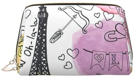 French Paris Tour Eiffel Tower Print Leather Cosmetic Pouch, Leather Makeup Bag for Purse with Top Zip Closure Stylish Toiletry Bag