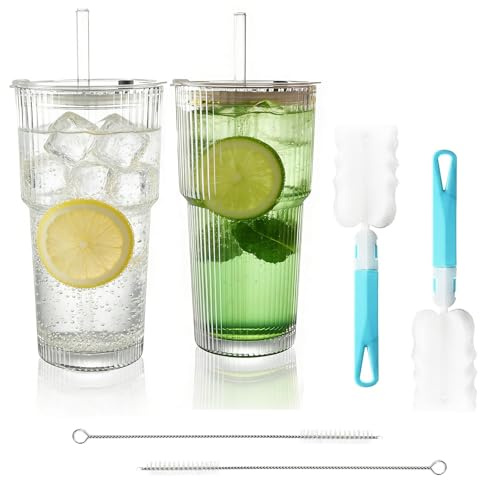 Vasos de Cristal Estriados, Juego de 2 Vasos de Cristal, Rayas con Tapa y Pajita, Vaso para Batidos de 600 ml, Vaso de té de Cristal, con Cepillo de Limpieza, para Zumo, Té