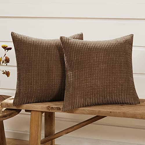 Deconovo Set of 2 Home Decorative Corduroy Cushion Covers, 40cm x 40cm, 16x16 Inches Grid, Throw Pillow Cases, Square Covers for Sofa, Bedroom (Brown, 2 Pieces)