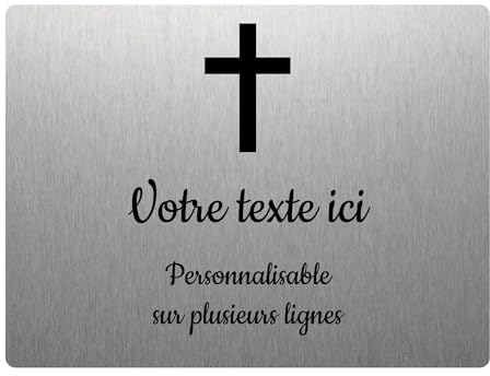 Placa grabada funeraria, diseño de cruz cristiana autoadhesiva, 20 x 15 cm, personalizada, 1 a 3 líneas, aluminio cepillado