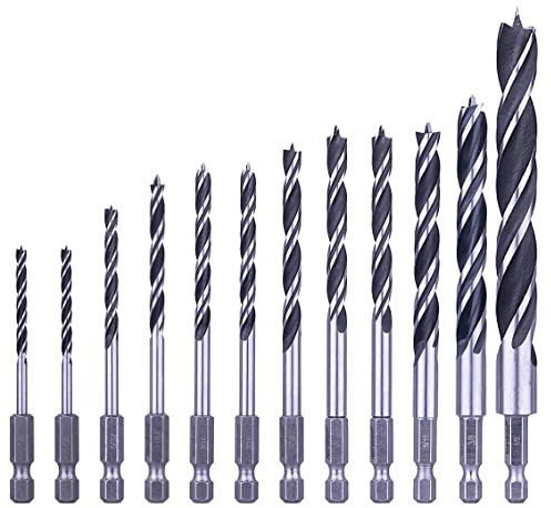 NordWolf 12-Piece Brad Point Wood Drill Bit Set for Carpenter Woodworking, Double Flutes Design with 1/4 Hex Shank, SAE Sizes 1/8 to 1/2