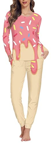 Dolyues Sof Ensemble de pyjama à manches longues avec poche pour femme, Crème glacée colorée à saupoudrer, XXL