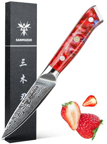 SANMUZUO Coltelli per Frutta e Verdura Damasco - Coltello da Cucina 9 cm, Coltelli per Sbucciare di Acciaio Damasco da 67 Strati- Impugnatura Resina - Xuan Series(Rosso Tramonto)