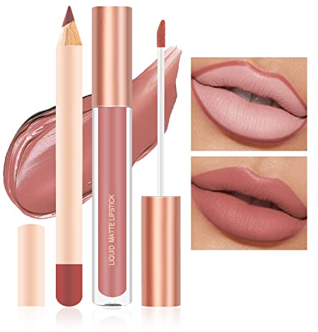 Prreal 2Pcs Lip Liner and Lipstick Makeup Set, Matte Liquid Lipstick + Matching Lip Liner, Nude Velvety Lipstick Makeup Kit, Waterproof Long Lasting labiales mate 24 horas originales (07)
