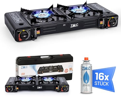 Z.M.C Réchaud à gaz de camping à 2 feux avec 16 cartouches de gaz de 227 g, 2,5 kW avec adaptateur pour raccordement GPL + mallette de rangement - Réchaud de camping avec allumage piézoélectrique