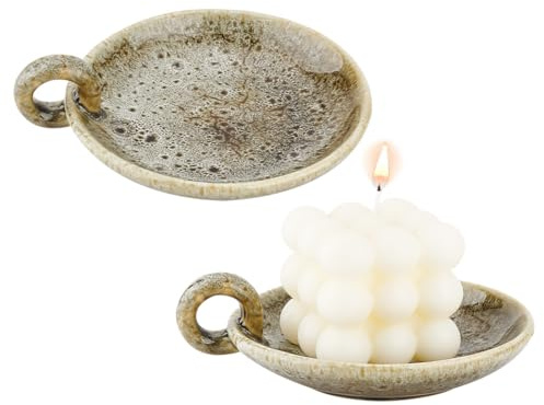 OLYCRAFT 2 pezzi 12,3 x 14,5 cm piatto in porcellana portacandele piatto rotondo portacandele decorativo con manico verde scuro piatto piatto rotondo candela piatto per matrimonio casa spa incenso