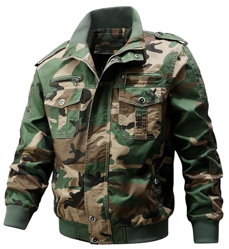 ZDJSWJ Hommes Casual coupe-vent veste cargo militaire Multi-poches col montant bomber workwear