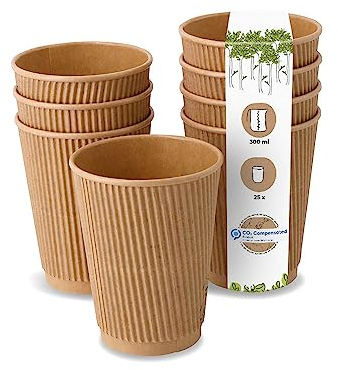 BIOZOYG 25 Stück Kaffeebecher isolierte Pappbecher 300ml / 12 oz Ø 90 mm braun - geriffelt plastikfrei nachhaltige Materialien - Einwegbecher Glühweinbecher