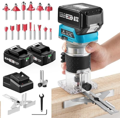 Avhrit Cordless Compact Wood Palm Router, 21V Wood Router Tool with 2PCS 4.0Ah Batteries, Brushless Power Hand Palm Routers for Woodworking, Wood Trimmer Cutting with 15 Pieces 1/4 Router Bits Set